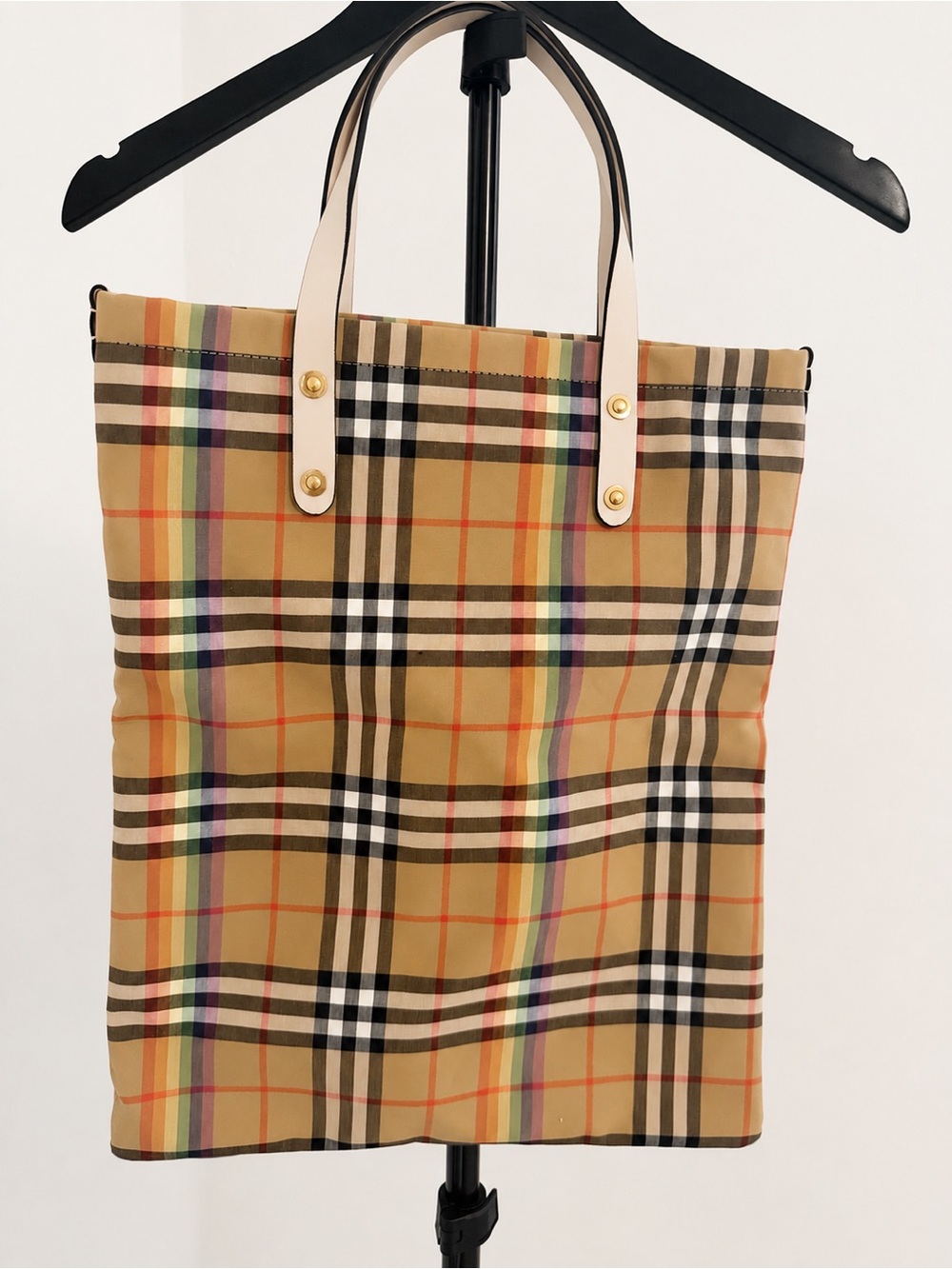 Burberry Beige Plaid Shoulder Tote with Cream Handles